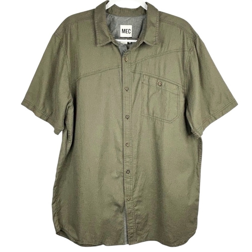 MEC Green Khaki Slim Fit 100% Organic Cotton Short Sleeve Button Down Shirt XL